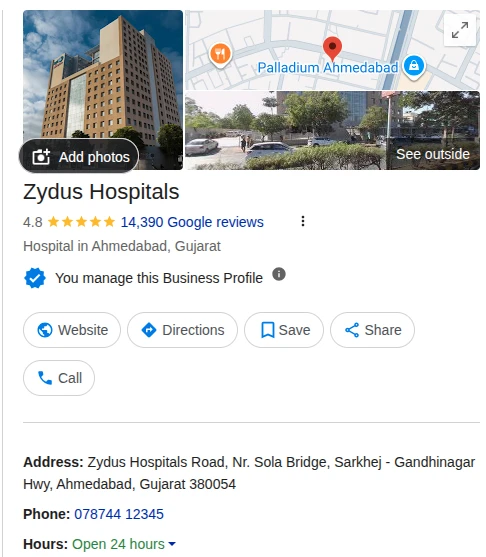 Zydus Hospitals Google My Business profile
